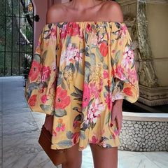 Cyflymder  Summer Fashion Floral Print Draped Short Dress Casual Long Sleeve Loose Party Dress Women Sexy Off Shoulder Vacation Mini Dress