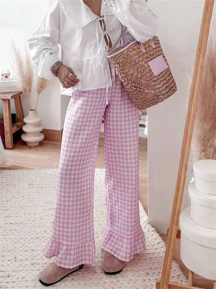 Cyflymder  Fashion Womens Plaid Print Pants Ruffles Legs Gingham Wide Leg Loose Casual Pull On Trousers Y2K Retro Chic Going Out Pants