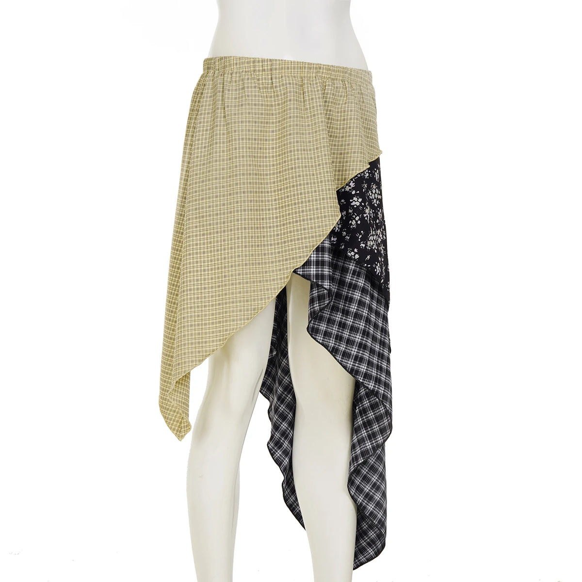 Cyflymder  Checkered Floral Patchwork Irregular Skirt Fashion Low Waist Mid-length Skirts Y2k Aesthetic Beachwear Coquette Outfits