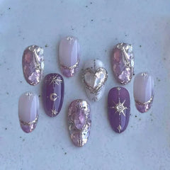 Cyflymder  24pcs Diamond Love Design Nails Sets Press on Purple Short Almond False Nails Tips Wearable Rhinestone French Oval Fake Nail Art