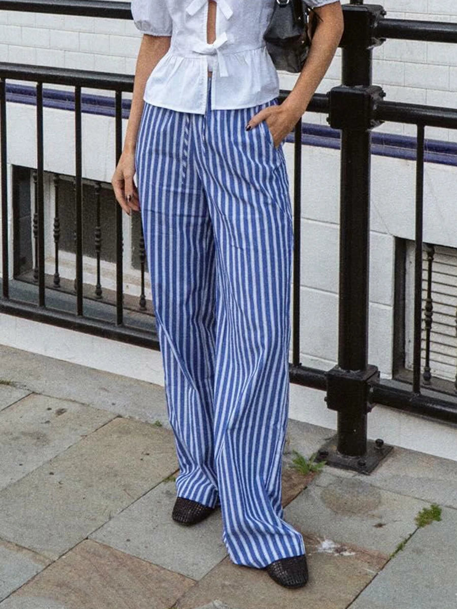 Cyflymder  Summer Women Oversize Casual  Striped Print Long Pants Drawstring Elastic Waist Loose Straight Pants with Pockets Streetwear