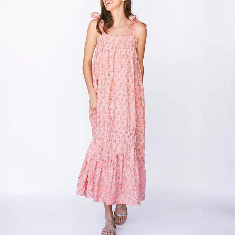 Cyflymder  Beach Holiday Sleeveless Hollow Out Maxi Dress Casual High Waist Pleat Women's Party Dress Bohemian Style Printed Lace-up Dress