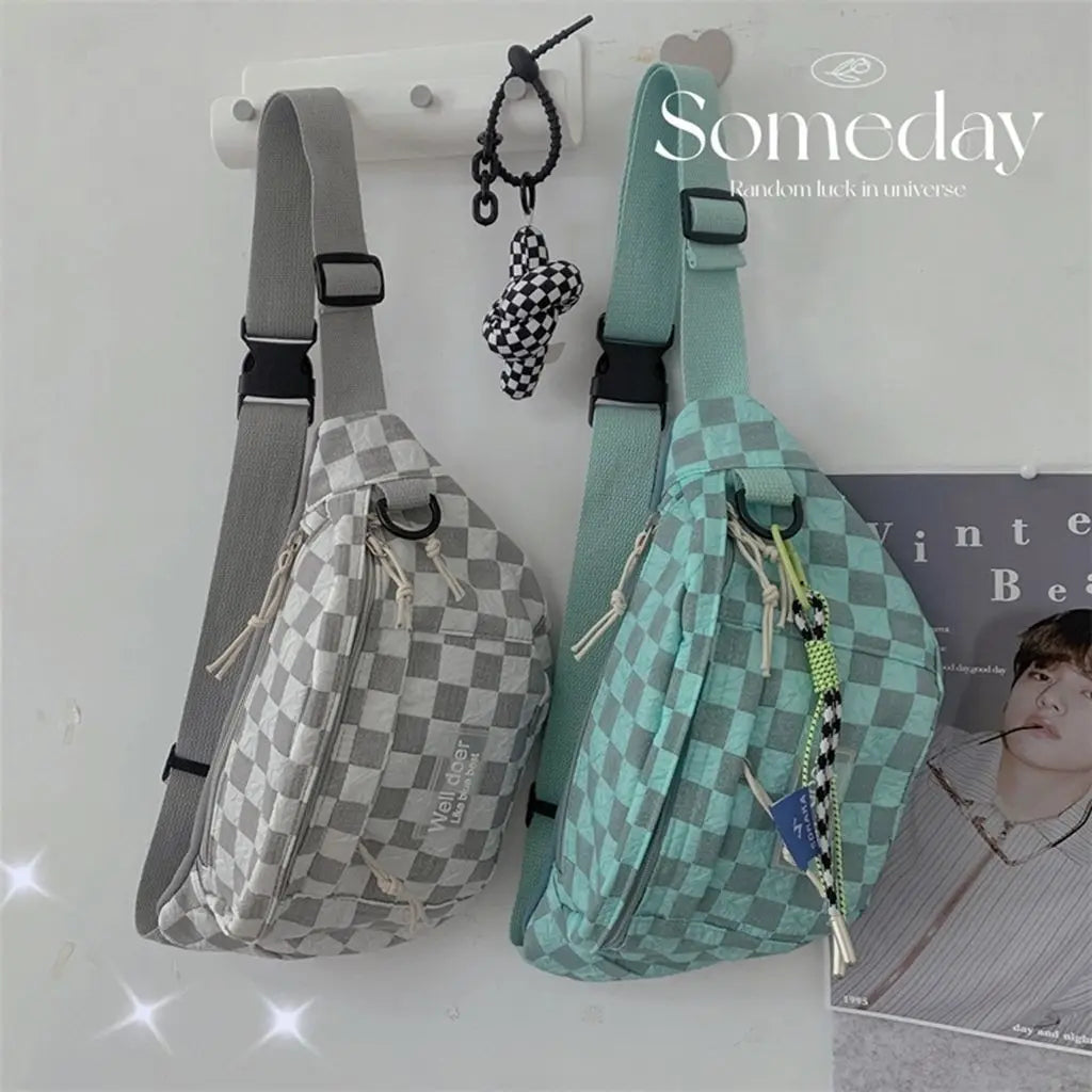 Cyflymder  Korean Retro Chessboard Chest Bag Women's Japanese Versatile Leisure Large Capacity Messenger Bag Men's Sports Waist Bag Fashion