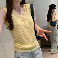 Cyflymder  Summer Elegant Design Loose Knitted Vest Women's Thin Button up Top Outerwear Short Shirt Casual Fashion Minimalist Style