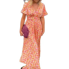 Cyflymder  Sweet Style Small Flower Dresses Women High Waist Slim Fit Deep V Neck Pullover Dress Summer Long Gown Daily Casual Female Frock