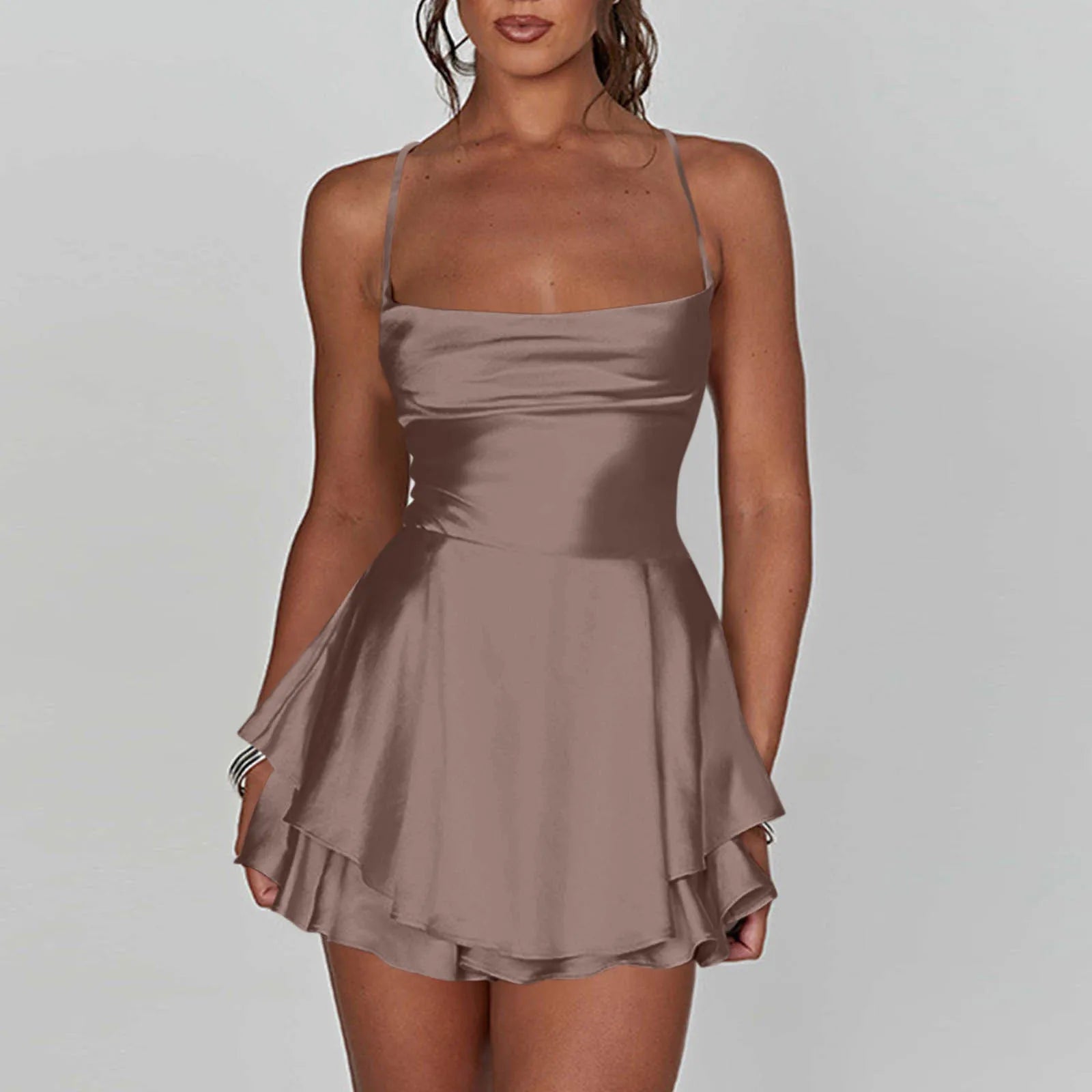 Cyflymder  Ladies' Silk And Satin Elegant Sexy Slim Beautiful Backless Short Dress Cowl Neck Cross Spaghetti Strap Party Pleated Mini Skirt