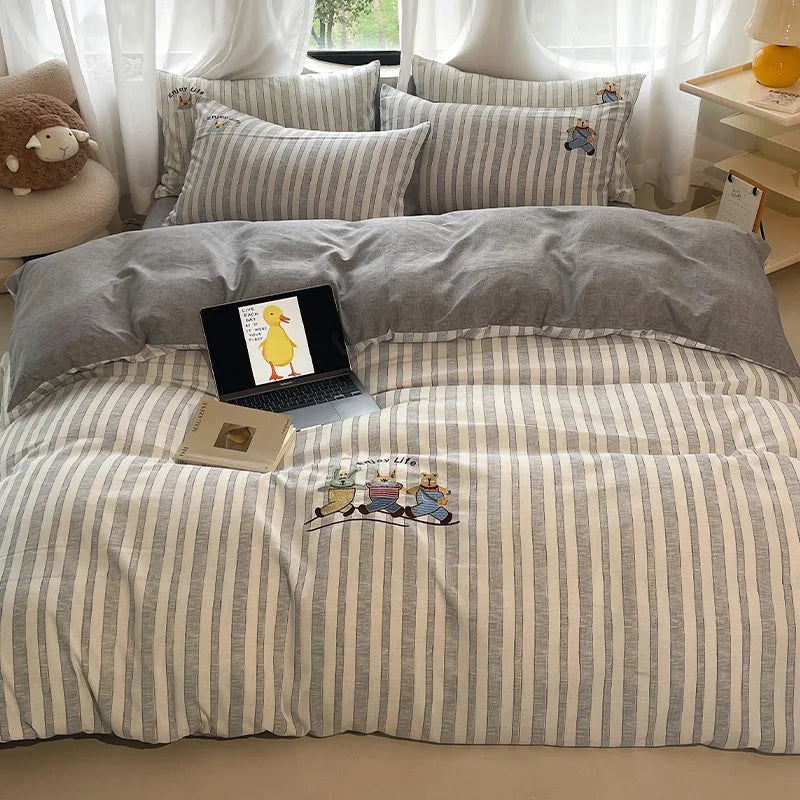 Cyflymder  Cartoon Cotton-Linen Embroidery Bedding Sets High Quality Naked Sleeping Super Soft Bedsheet Set Queen King Quilt Kit for Adults