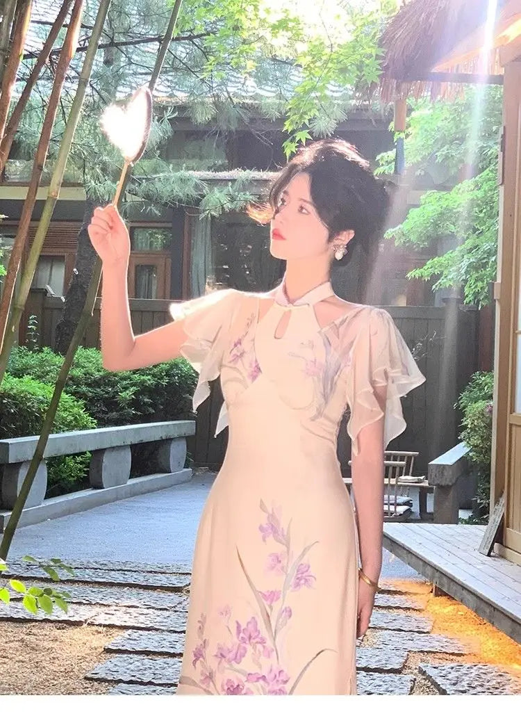 Cyflymder  Chinese Style Improved Cheongsam Spring Summer New Retro Hollow Out Temperament Dress Short Sleeve Slim Qipao Dresses