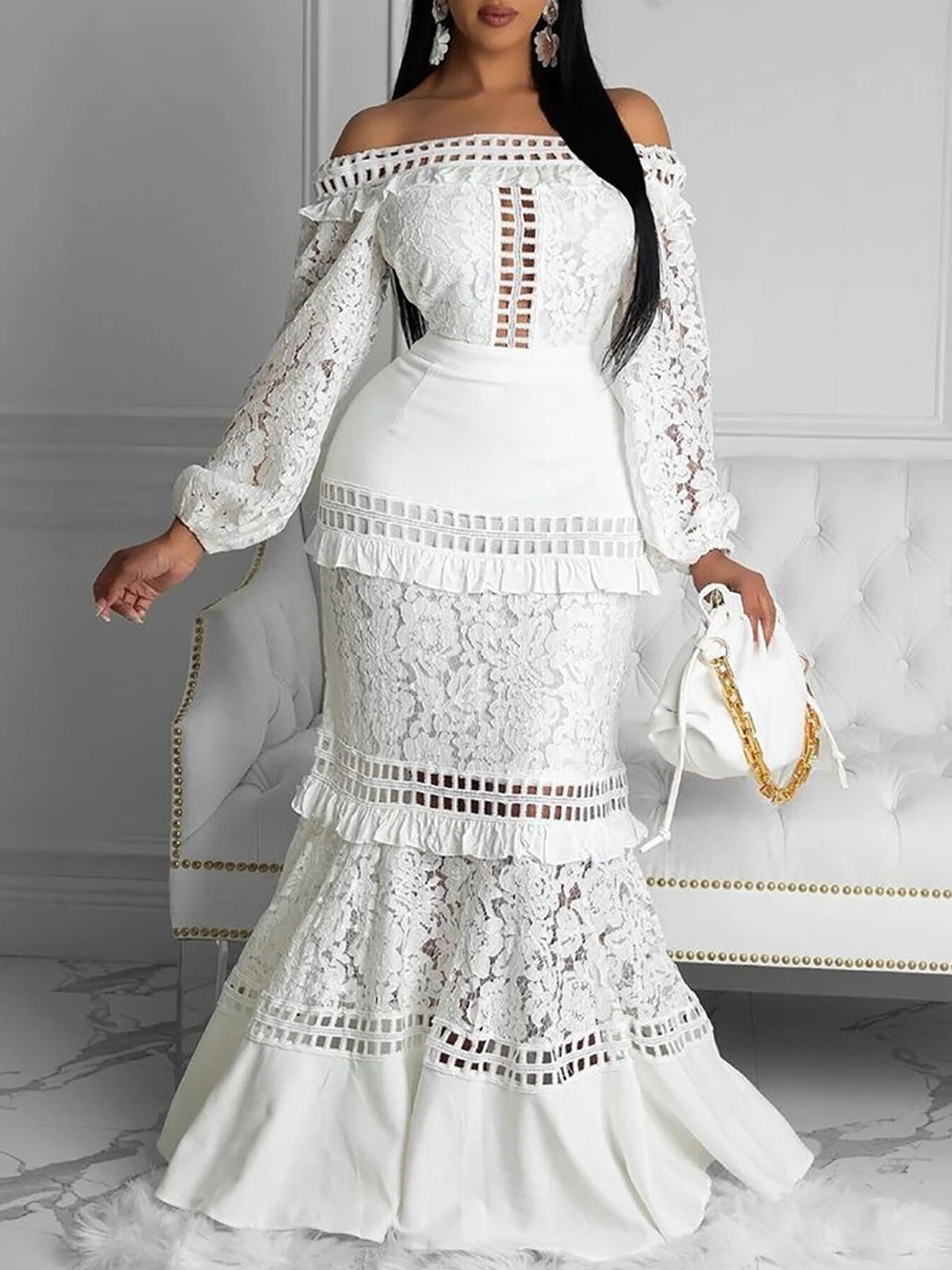 Cyflymder  Elegant Lace Hollow Out Women Evening Dress Off-Shoulder Long Sleeve Prom Party Long Gown Flower Embroidery Maxi Wedding Dresses