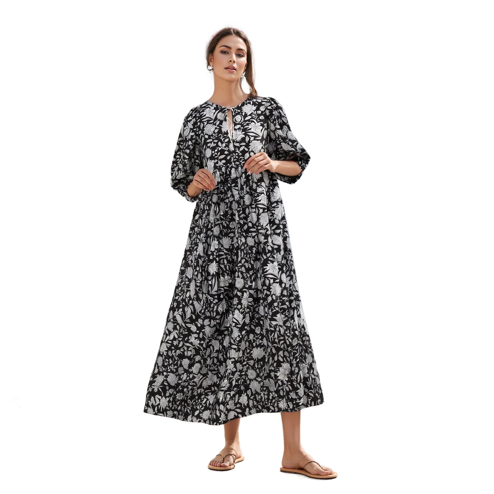 Cyflymder  Elegant Maxi Dress with 3 4 Sleeves V Neckline and Floral Print - Stylish Loose Fit Summer Dress for Casual Wear