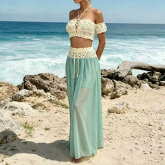 Cyflymder  Sexy Off Shoulder Sleeveless Tops & Maxi Skirt Suit Elegant Crochet Knitted Cover Up 2Pc Outfits Women Fashion Hollow Beachwear