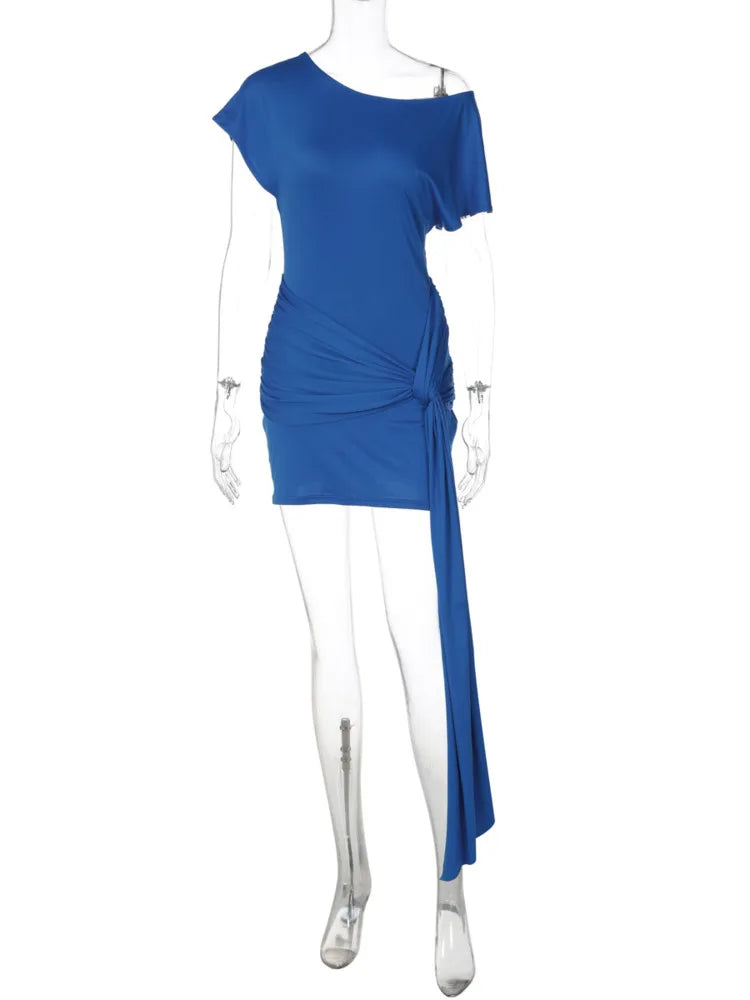 Cyflymder  Diagonal Collar Backless Sexy Mini Dress Women Elegant One Shoulder Short Sleeve Draped Ruched Slinky Club Party Dress
