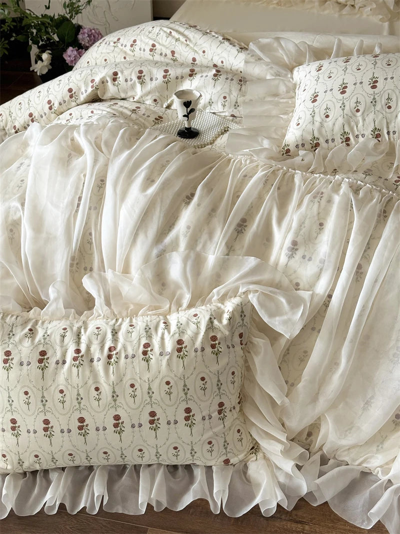 Cyflymder  4Pcs Vintage French Pure Cotton Rose Print Pleated Lace Ruffles Bedding Set Queen King Size Duvet Cover Set Bed Sheet Pillowcase