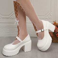 Cyflymder  White Platform High Heels Pumps Women Patent Leather Chunky Heeled Mary Jane Shoes Woman Round Toe Buckle Strap Student Shoes