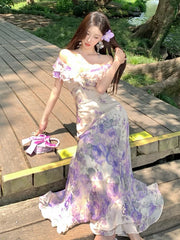 Cyflymder  Summer New plus Size Purple Floral Print V-Ne Long Dr Women's Ele Waist-Cinching Holiday Dr Sweet n Sle