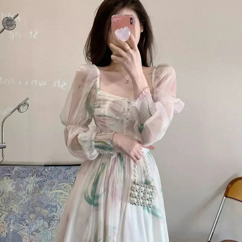 Cyflymder  Dresses Women Floral Printed Square Collar Puff Long Sleeve French Style Chic Temperament Elegant Dress Female Fashion