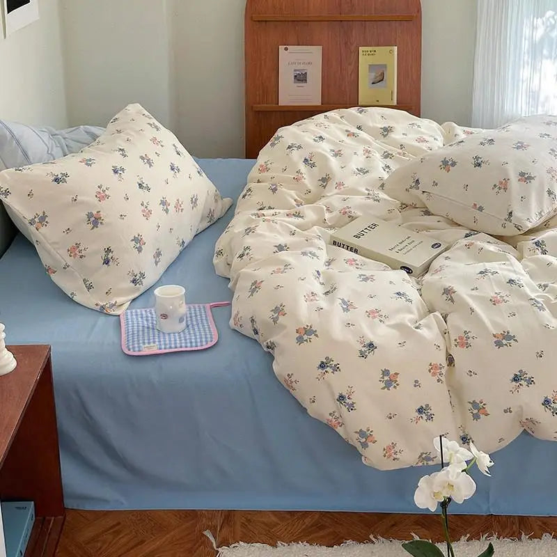 Cyflymder  Blue/Pink Floral Duvet Cover set Farmhouse Vintage Chic 4Pcs Flat Bed Sheet Pillow Shams Ultra Soft Microfiber Twin Queen Double