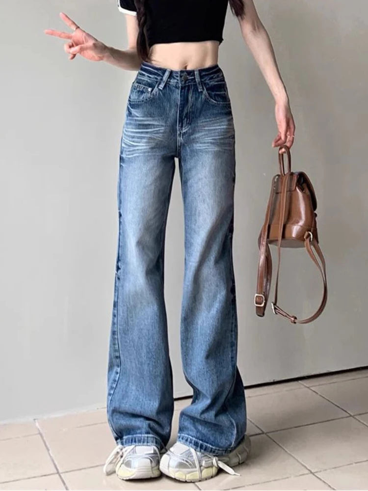 Cyflymder  Y2K Washed Denim Pants Women High Waist Wide Leg Jeans Spicy Girl Retro Straight Leg Loose Fit Long Trousers Autumn