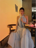 Cyflymder French Elegant Women's Summer Fashion New Sleeveless Strapless Bowknot Blue Long Skirt Kawaii Vest Prom Dress