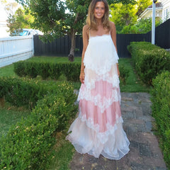 Cyflymder  Pink White Lace Tiered Maxi Dress For Women Sleeveless Spaghetti Strap Ruffle Flowy Bohemian Summer Vacation Beach Prom Dress