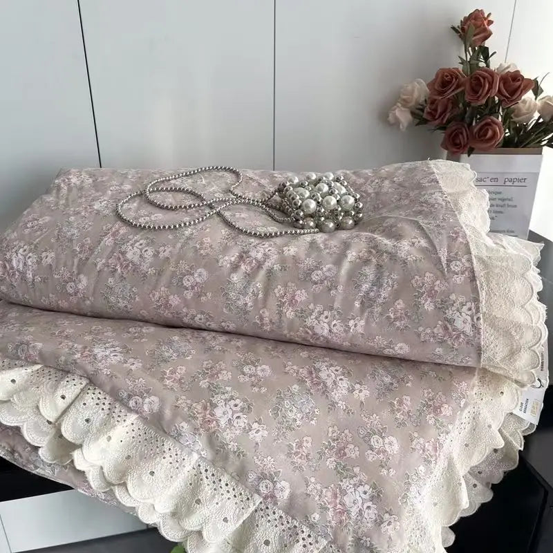 Cyflymder  Lace Pure Cotton Quilt 200x230cm Comforter Thin Summer Floral Printed Double Layer Gauze Quilted Blanket Queen Size Bedding