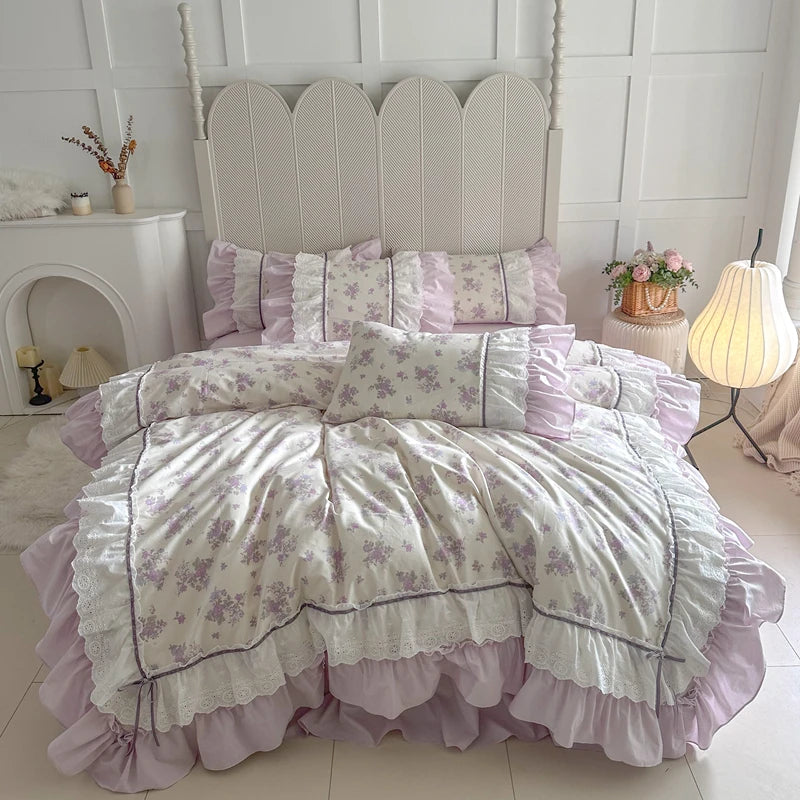 Cyflymder  Pink Floral Double Layer Lace Ruffles 100% Cotton Bedding Set Duvet Cover Set Bed Sheet/Bed Skirt/Fitted Sheet Pillowcases 4Pcs