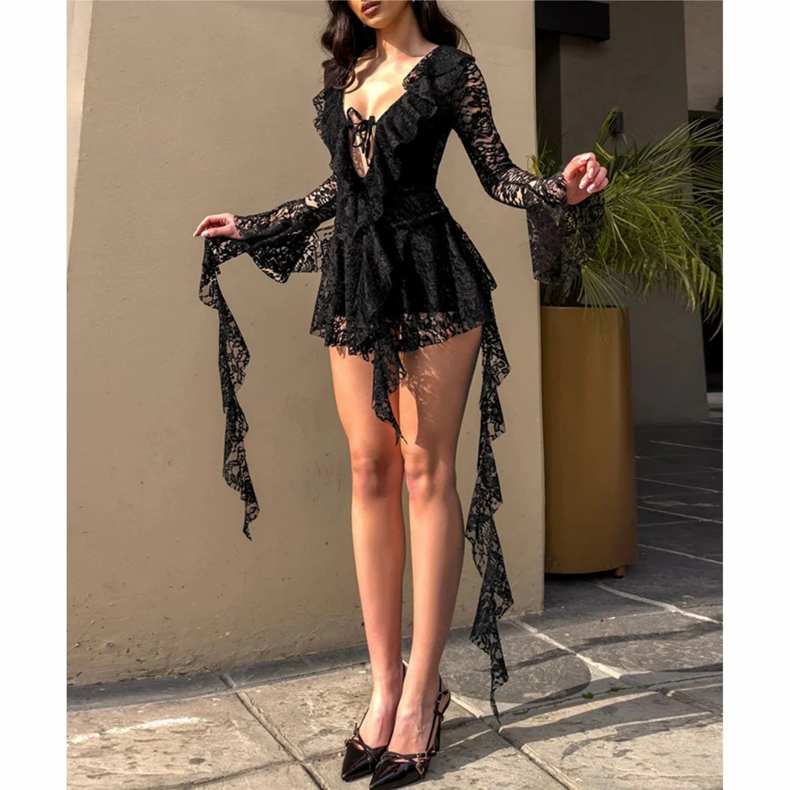 Cyflymder  Sexy Lace Dress y2k Women Clothes Solid Color V Neck Long Sleeve A Line Ruffle Mini Dress 2000s Evening Party Dresses