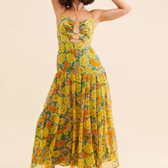 Cyflymder  Floral Cut Out Maxi Dress Bohemian Front Tie Up Flowy Dresses for Women Summer Backless A-line Dress Vacation