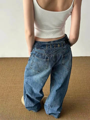 Cyflymder   American Vintage Paris Buckle Design Slub Cotton Denim Jeans Street Style Unique Straight Leg Loose All Match Long Pants