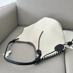 Cyflymder  Fashion Off White Tote Bag Women Woven Handle Canvas Large Capacity Handbag Ladies Casual Commuter Versatile Shoulder Bucket Bag