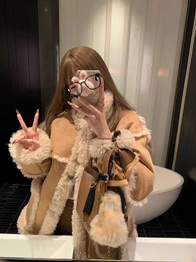 Cyflymder Winter Warm Overcoats Women Outwear Casual Y2k Office Lady Vintage Faux Fur Wool Coat Ladies Korean Fashion Khaki Jackets Chic