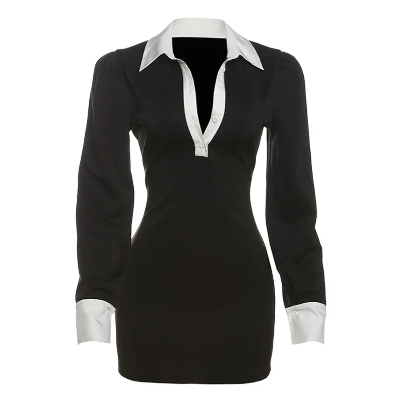 Cyflymder  Color Patchwork Mini Dress Autumn Women Fashion Turn Down Collar Long Sleeve Slim Bodycon Streetwear Office Lady Outfits