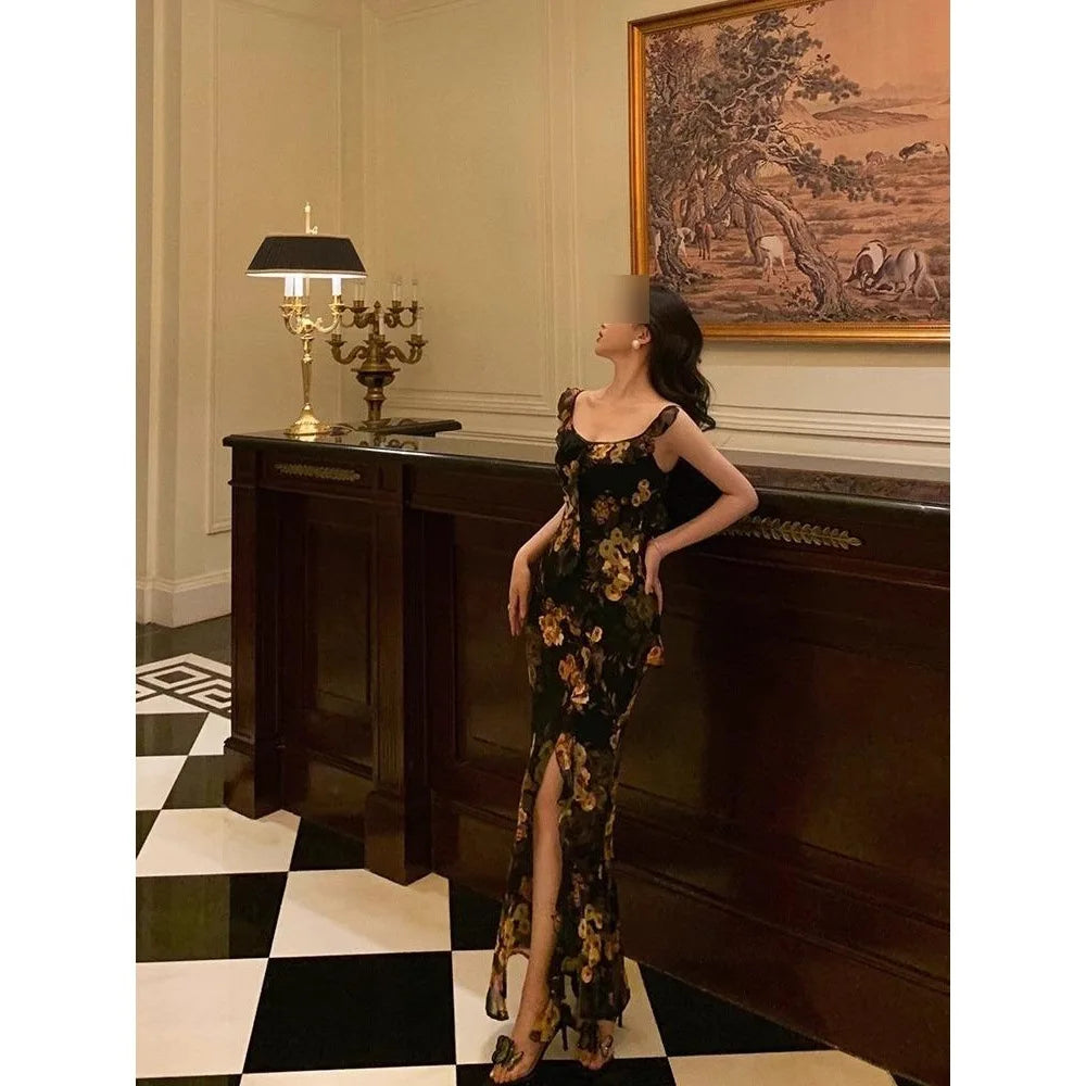 Cyflymder  French Style Printed Strap Dress For Women Spring Ruffle Slim Fit Mermaid Long Dress Design Sense Elegant Bodycon Dress