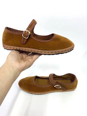 Cyflymder  Velvet Mary Jane Shoes for Women Hand Stitch Casual Streetwear Ballet Flats Pumps Female Solid Color Red Cloth Shoes Loafers