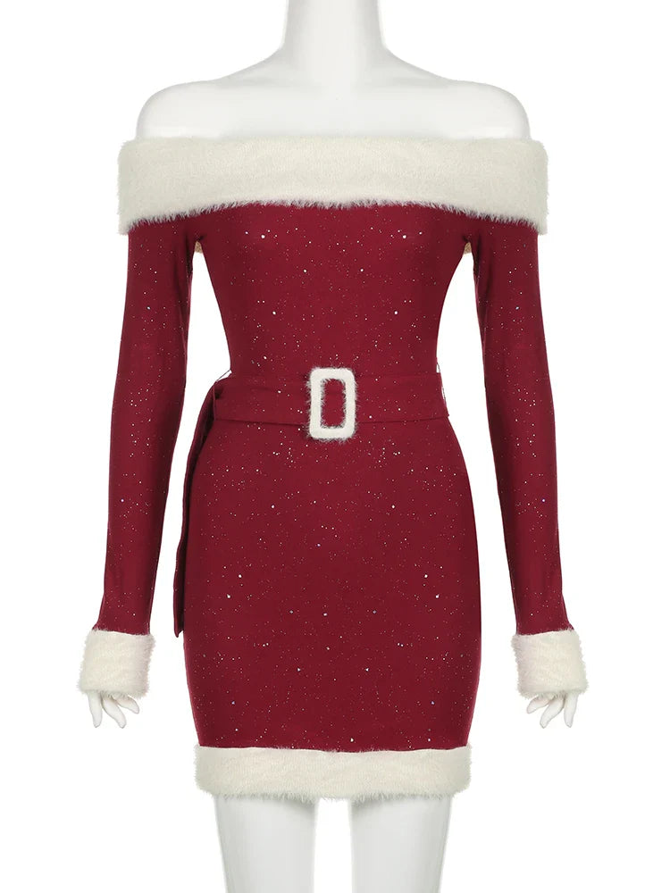 Cyflymder Christmas Party Dress Slim Patchwork Fur Trim Bodycon Dress With Belt Casual Slash Neck Long Sleeve Mini Dresses Women