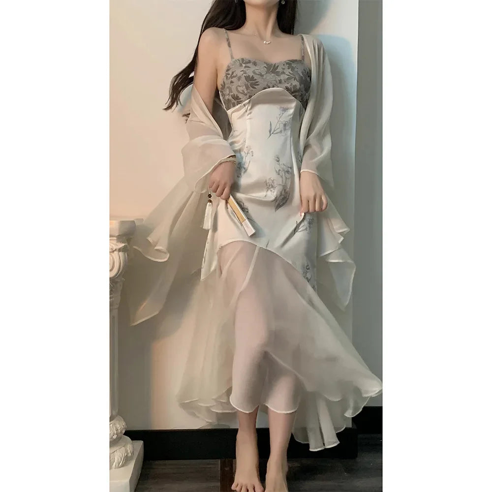 Cyflymder  Women Kimono Bathrobe Gown Suit Loungewear Sleepwear Mesh Robe Nightgown Set Summer Silky Satin Home Dress Lingerie