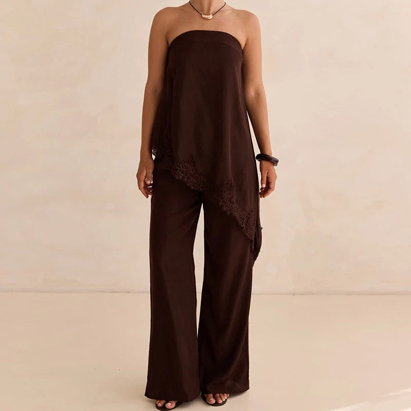 Cyflymder  Women 2 Piece Pants Lace Trim Asymmetrical Strapless Tank Top Pants Elegant Lady Going Out Matching Lounge Set