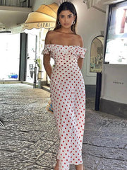 Cyflymder  Slash Neck Polka Dot Printed Dress Women Color Blocking Design Elegant Fashion Casual Robe Versatile Off Shoulder Flounce Dress
