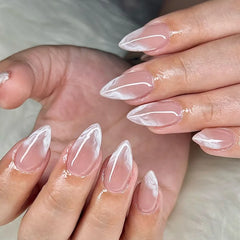 Cyflymder  24Pcs French Fake Nails Press on Almond White Wave False Nails Removable Long Full Cover Nail Tips Finished Fingernails Nail Art