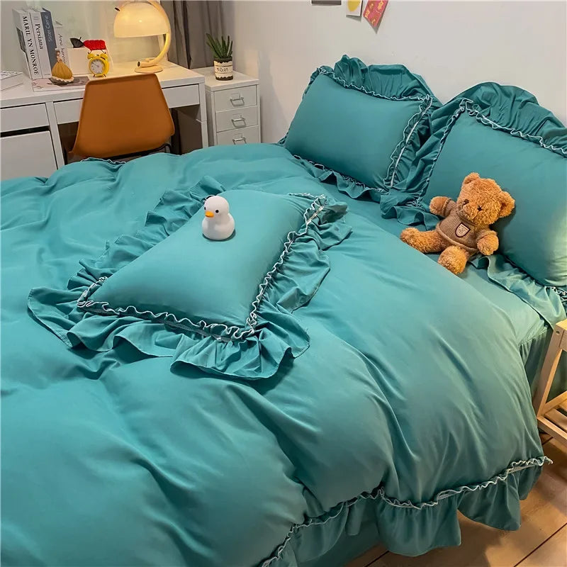 Cyflymder  Korean Solid Pure Cotton Bed Skirt Bedding Sets Washed Cotton Comforter Set with Lace Princess Soft and Skin-Friendly Bedclothes