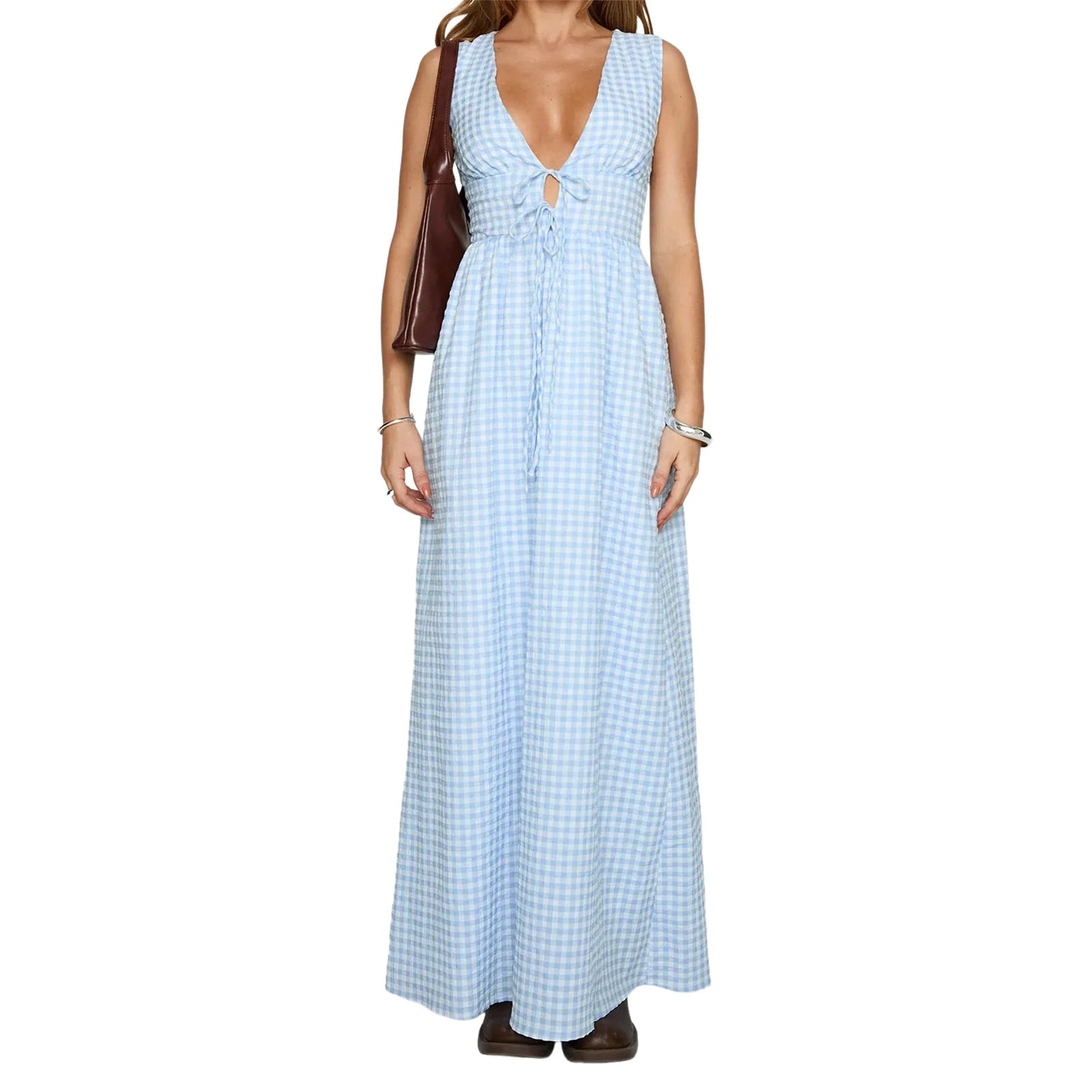 Cyflymder  Elegant Floral Print Sleeveless Maxi Dress with V-Neckline and Tie Waist Detail for Summer Wedding Party or Vacation Beachwear