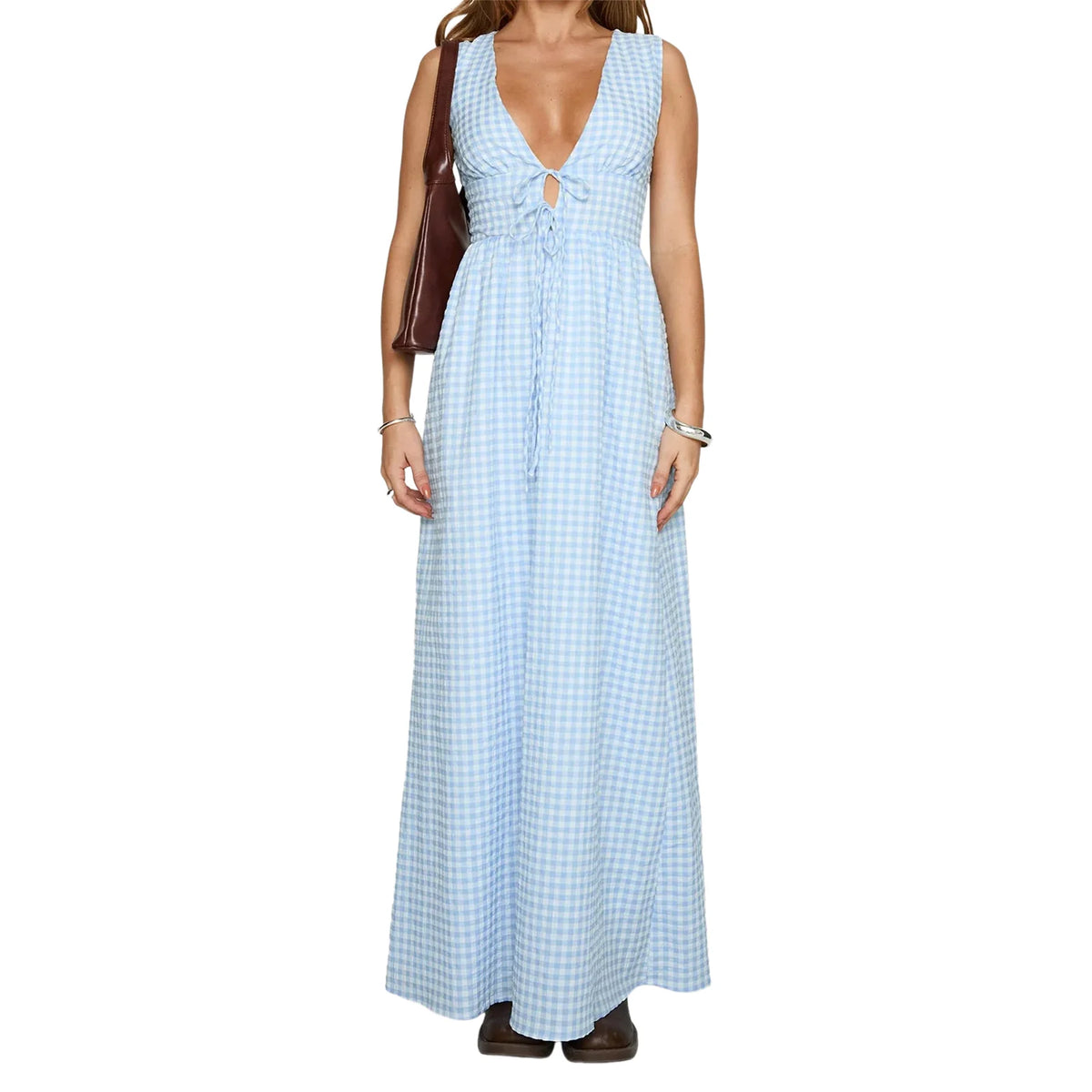 Cyflymder  Elegant Floral Print Sleeveless Maxi Dress with V-Neckline and Tie Waist Detail for Summer Wedding Party or Vacation Beachwear