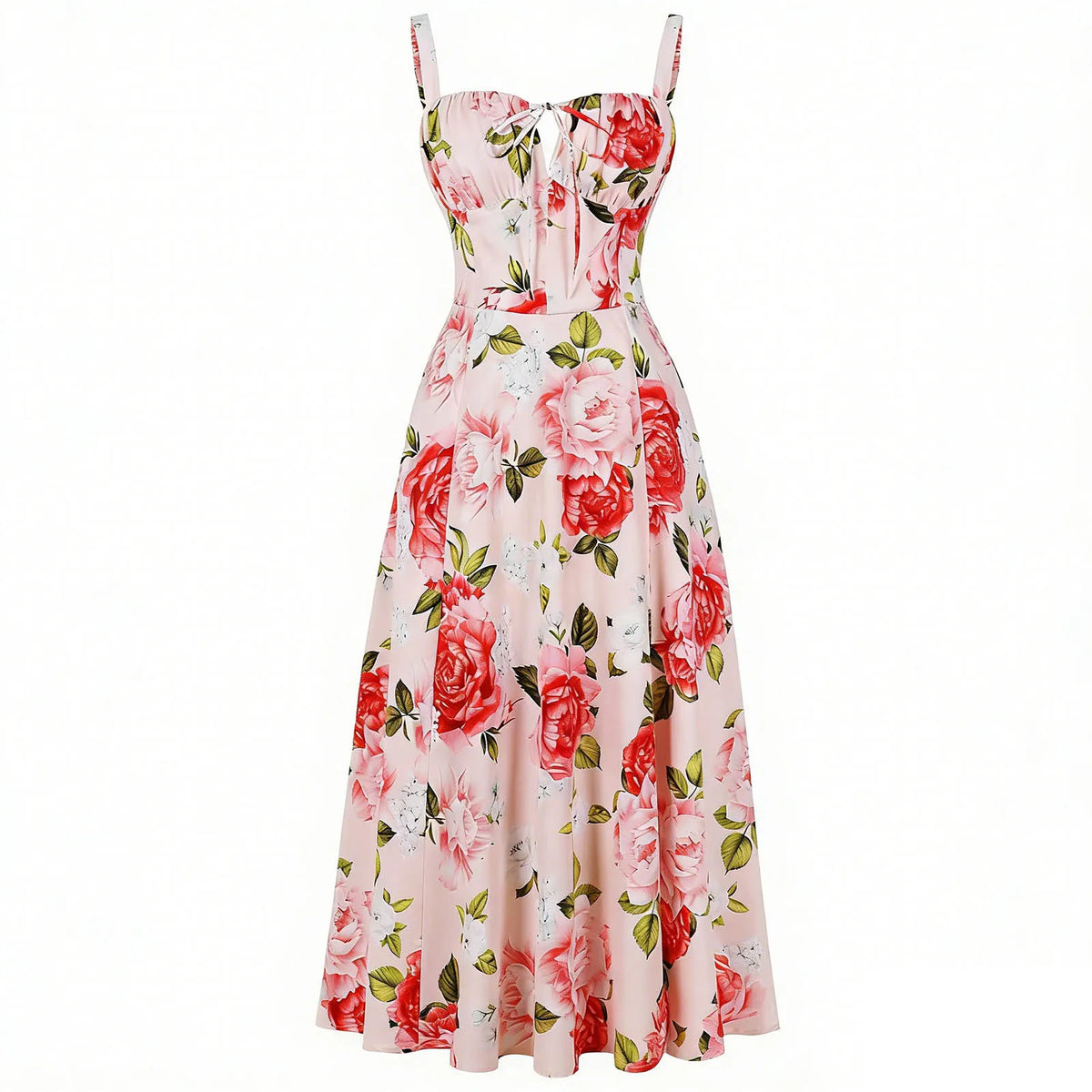 Cyflymder  Women's Floral Print Summer Dresses Sweet Elegant Spaghetti Strap Party Dress Casual Lace Up High Waist Flowy Maxi Dresses