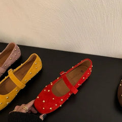 Cyflymder   Summer Brand Mary Jane Shoes for Women Fashion Rivet Suede Classic Retro Brown Casual Soft Bottom Comfortable Ladies Flats