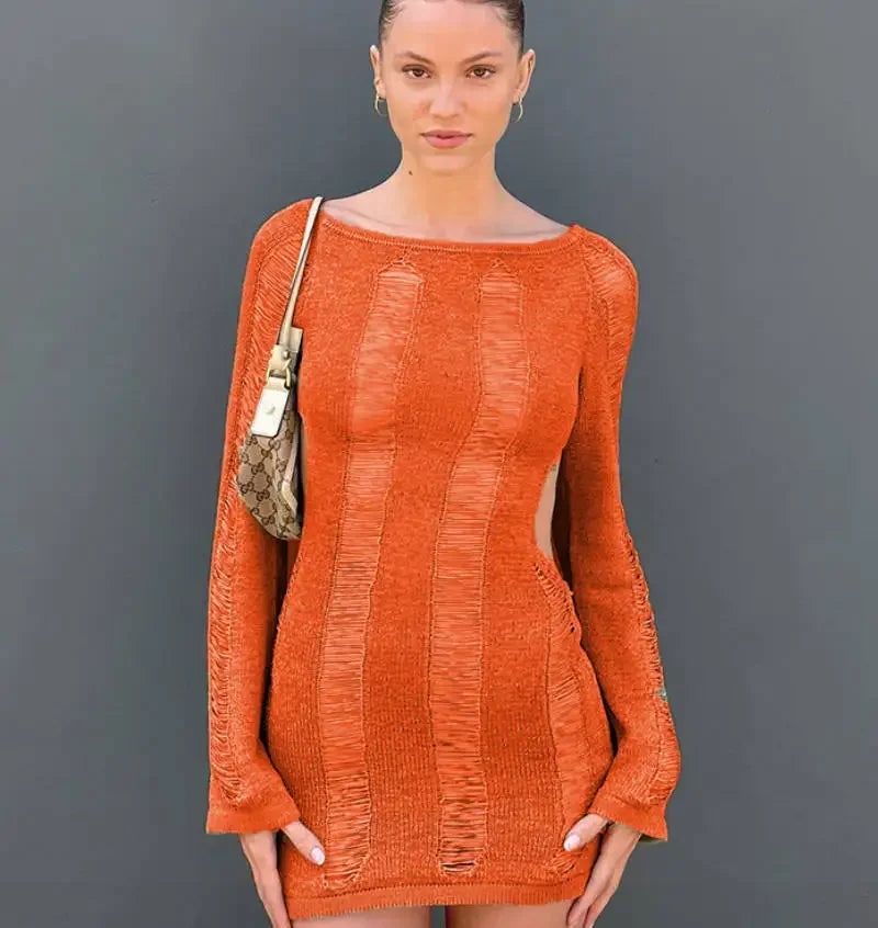 Cyflymder  Sexy Women Backless Knitted Mini Dress Crochet Knit Hollow Out Sundress Long Sleeve Drawstring Tie Up Dress Beach Clubwear Dress