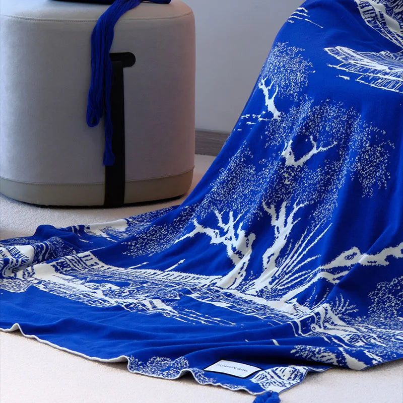 Cyflymder  Ethnic Style Pure Cotton Blue Sofa Blanket Napping Knitted Blanket for Living Room Bedroom Adult Kids Sofa Cover for All Seasons