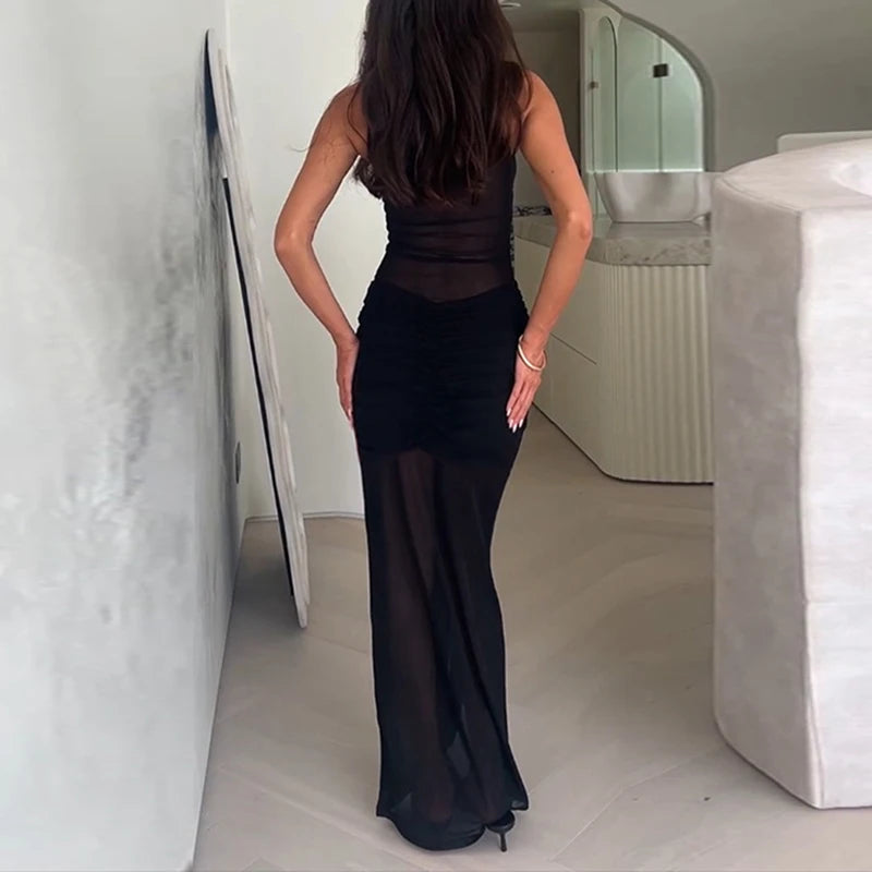 Cyflymder  Summer Sleeveless Thin Gauze Twist Banquet Dress Sexy Slim Solid O Neck Wrap Hips Dress Chic Womens High Waist Ribbon Long Dress