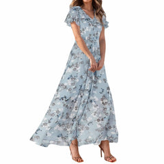 Cyflymder  Summer Beach Style Women'sFloral Dresses Casual Short Sleeve Maxi Long Shirts Floral Maxi Dresses Wedding Guest Flowing Dresses