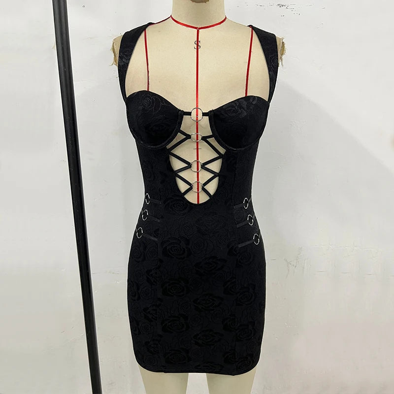 Cyflymder  Hot Girl Sexy Metal Ring Splicing Strap Hollow Sleeveless Backless High Waist Wrap Hips Floral Dress 2025 Party Club Outfit