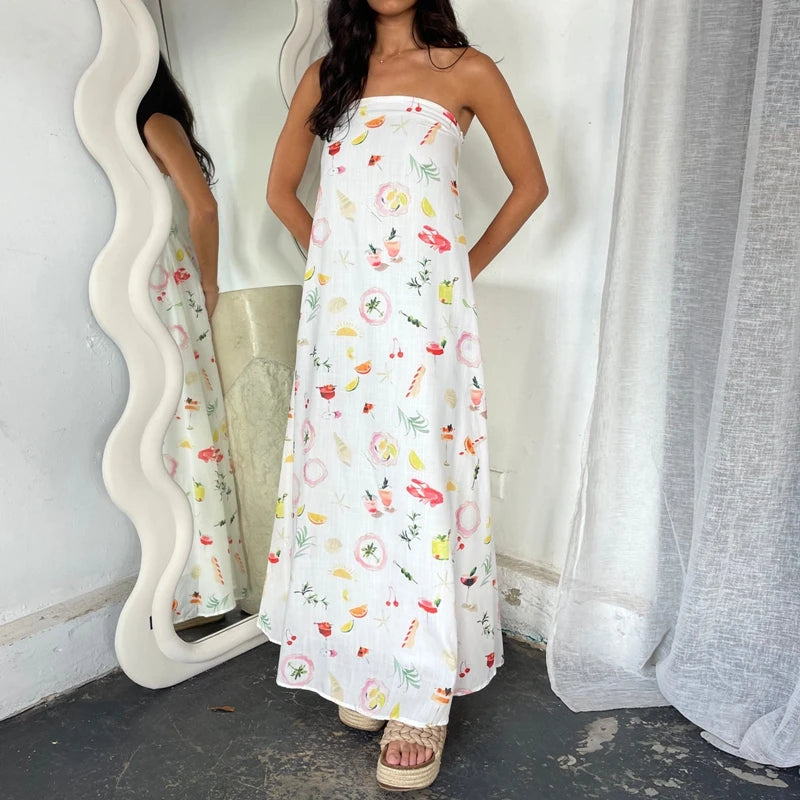 Cyflymder  Beach Holiday Strapless Maxi Tube Dress Vintage Fruit Print Backless Swing Loose Dress Women Summer Boho Off Shoulder Long Dress